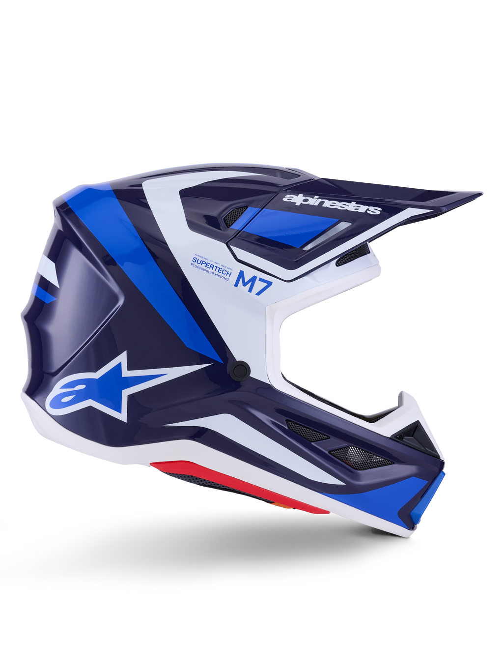 Alpinestars S-M7 Rise, casco da motocross, blu e bianco lucido, profilo laterale con calotta aerodinamica in composito, visiera ventilata e design angolare con branding evidente, protezione professionale per il fuoristrada