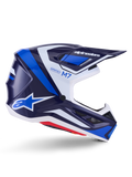 Alpinestars S-M7 Rise, casco da motocross, blu e bianco lucido, profilo laterale con calotta aerodinamica in composito, visiera ventilata e design angolare con branding evidente, protezione professionale per il fuoristrada