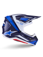 Alpinestars S-M7 Rise, casco da motocross, blu e bianco lucido, profilo laterale con calotta aerodinamica in composito, visiera ventilata e design angolare con branding evidente, protezione professionale per il fuoristrada