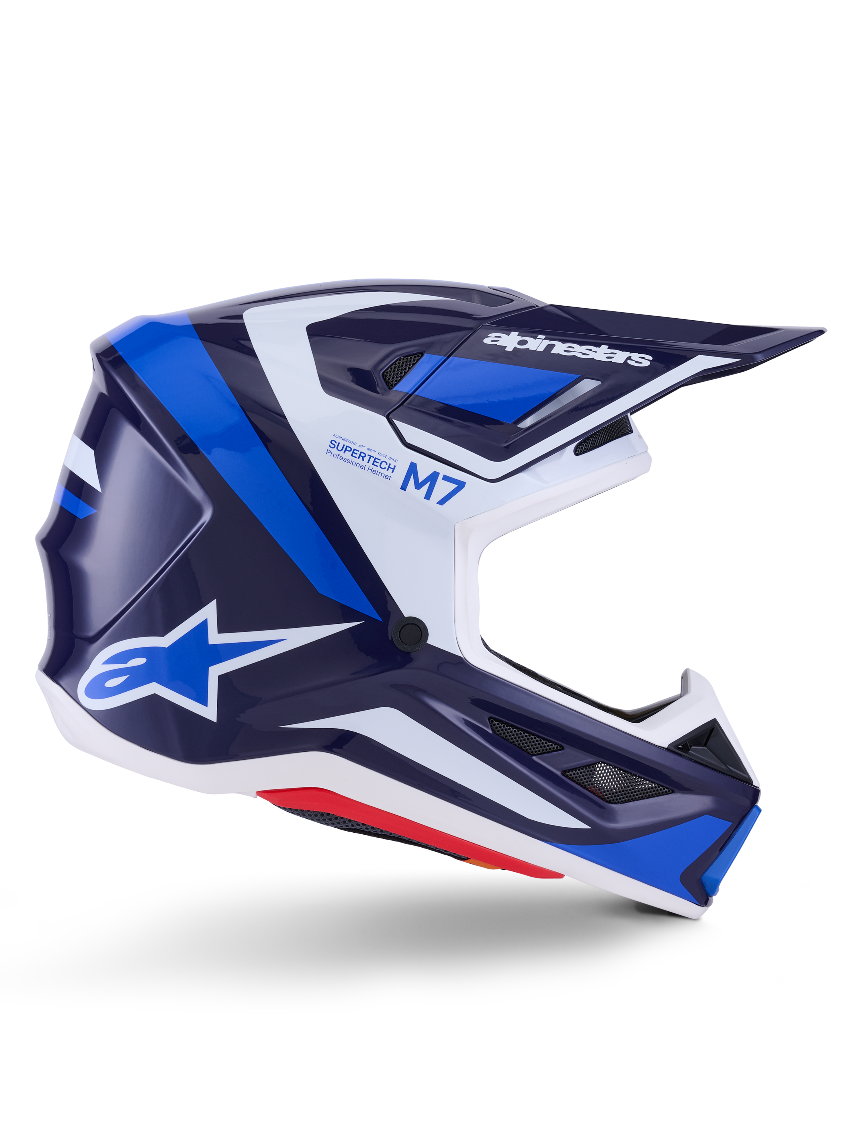 Alpinestars S-M7 Rise, casco da motocross, blu e bianco lucido, profilo laterale con calotta aerodinamica in composito, visiera ventilata e design angolare con branding evidente, protezione professionale per il fuoristrada