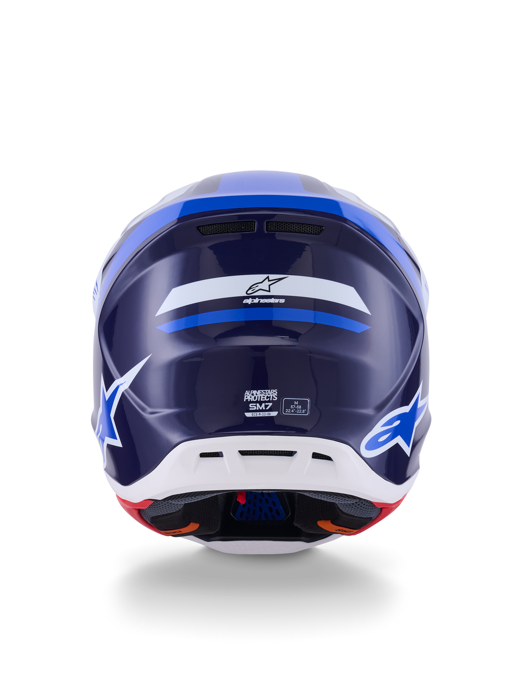 Casco Alpinestars S-M7 Rise, vista posteriore, blu e bianco lucido, con logo Alpinestars e marchio SM7, calotta aerodinamica in materiale composito con sezione inferiore bianca e porte di ventilazione, protezione per la testa da motocross ad alte prestazioni