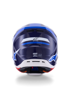 Casco Alpinestars S-M7 Rise, vista posteriore, blu e bianco lucido, con logo Alpinestars e marchio SM7, calotta aerodinamica in materiale composito con sezione inferiore bianca e porte di ventilazione, protezione per la testa da motocross ad alte prestazioni