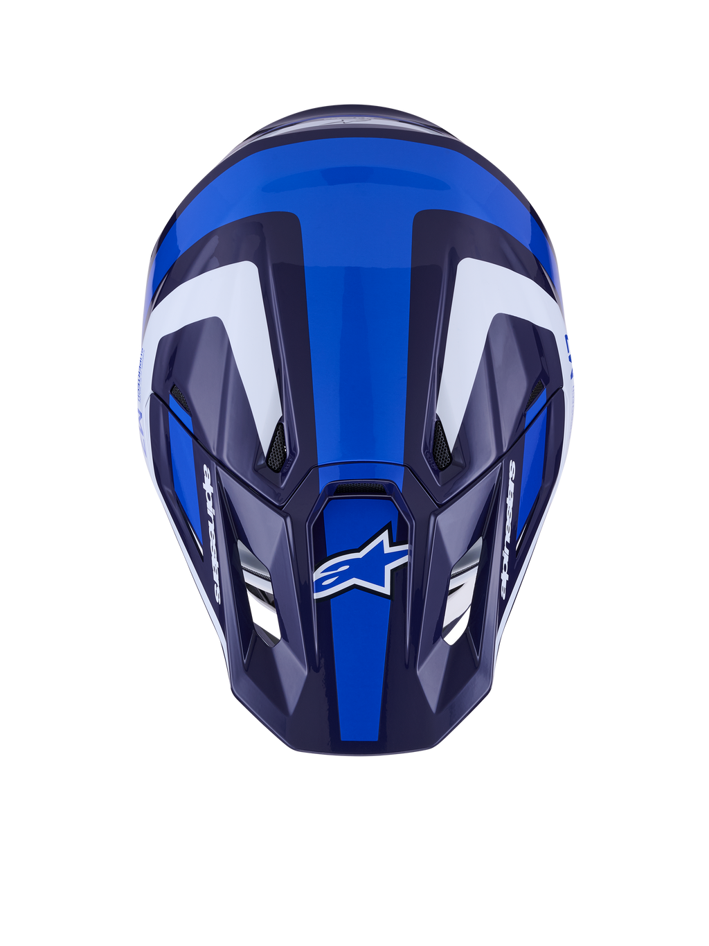 Alpinestars S-M7 Rise Helmet, casco da motocross, blu e bianco lucido, vista dall'alto con calotta aerodinamica e prese d'aria, grafiche angolari bianche e blu scuro con loghi evidenti