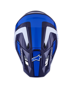 Alpinestars S-M7 Rise Helmet, casco da motocross, blu e bianco lucido, vista dall'alto con calotta aerodinamica e prese d'aria, grafiche angolari bianche e blu scuro con loghi evidenti