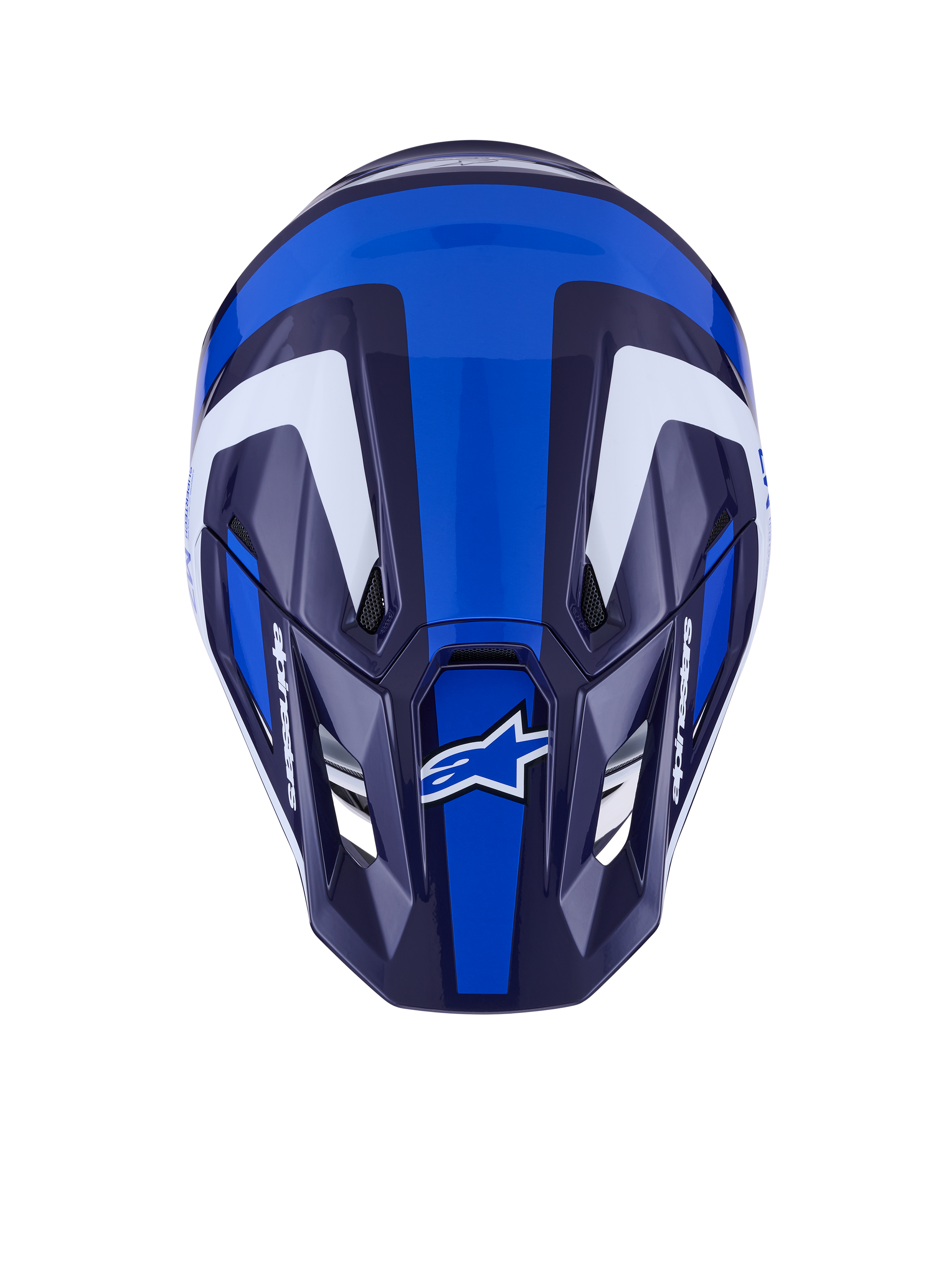 Alpinestars S-M7 Rise Helmet, casco da motocross, blu e bianco lucido, vista dall'alto con calotta aerodinamica e prese d'aria, grafiche angolari bianche e blu scuro con loghi evidenti