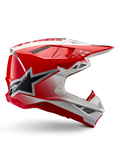 Alpinestars Supertech M10 Unite Helmet, casco da motocross, rosso e bianco lucido, con vista laterale, motivi geometrici angolari, grafica con stella nera, prese d'aria multiple in rete e design aerodinamico per corse off-road