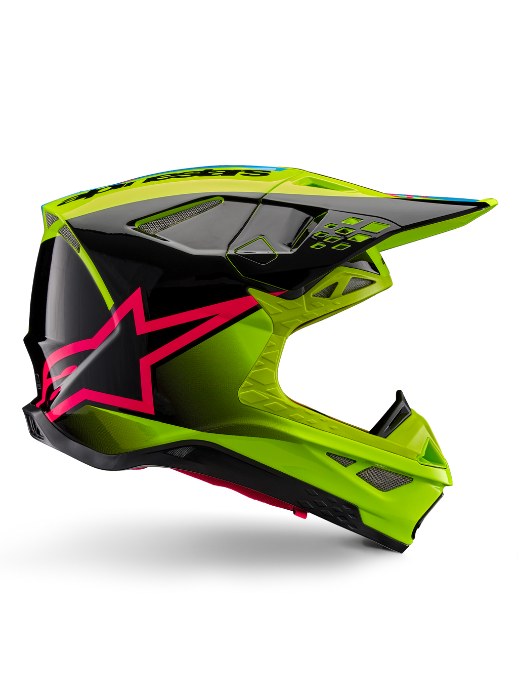 Casco Alpinestars Supertech M10 Unite, casco da motocross, giallo fluo e nero con grafiche a stella rosa Diva, design aerodinamico lucido con molteplici prese d'aria, certificato ECE 22.06