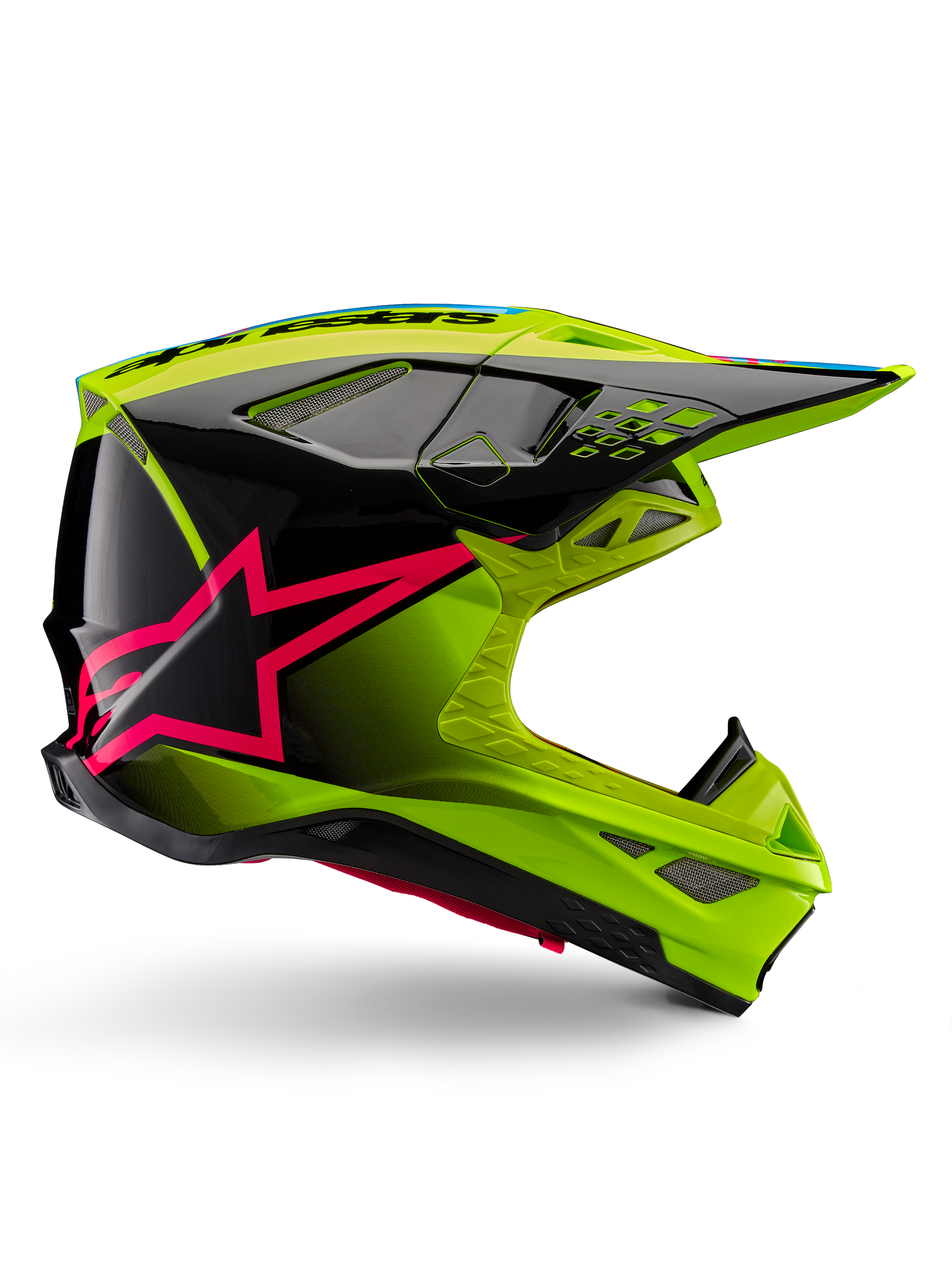 Casco Alpinestars Supertech M10 Unite, casco da motocross, giallo fluo e nero con grafiche a stella rosa Diva, design aerodinamico lucido con molteplici prese d'aria, certificato ECE 22.06