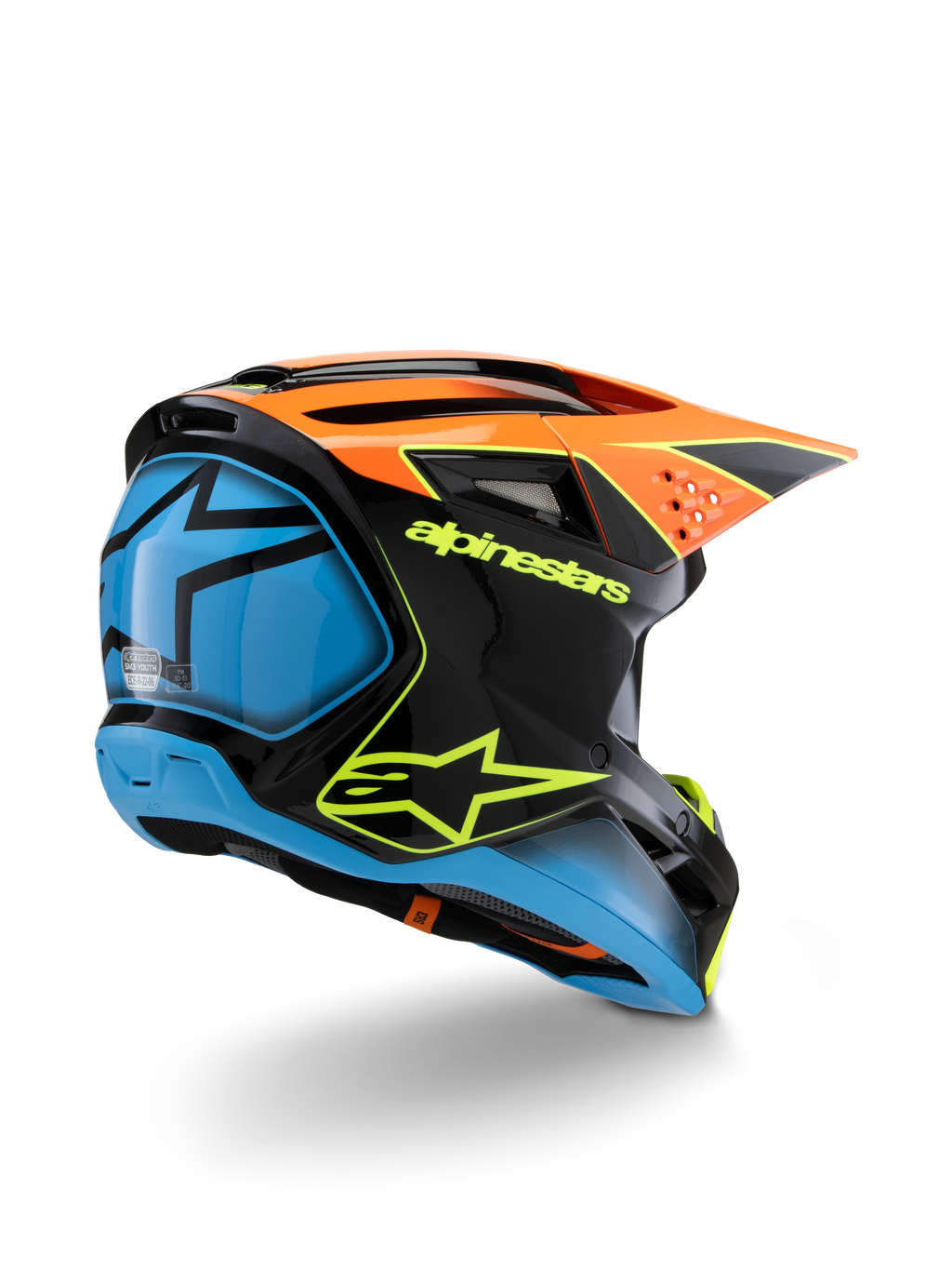 Casco Alpinestars S-M3 Youth Fray, casco da motocross, nero, arancione e blu con dettagli giallo neon, vista posteriore di tre quarti che mostra il marchio Alpinestars e il logo a stella, design aerodinamico per competizioni off-road per ragazzi