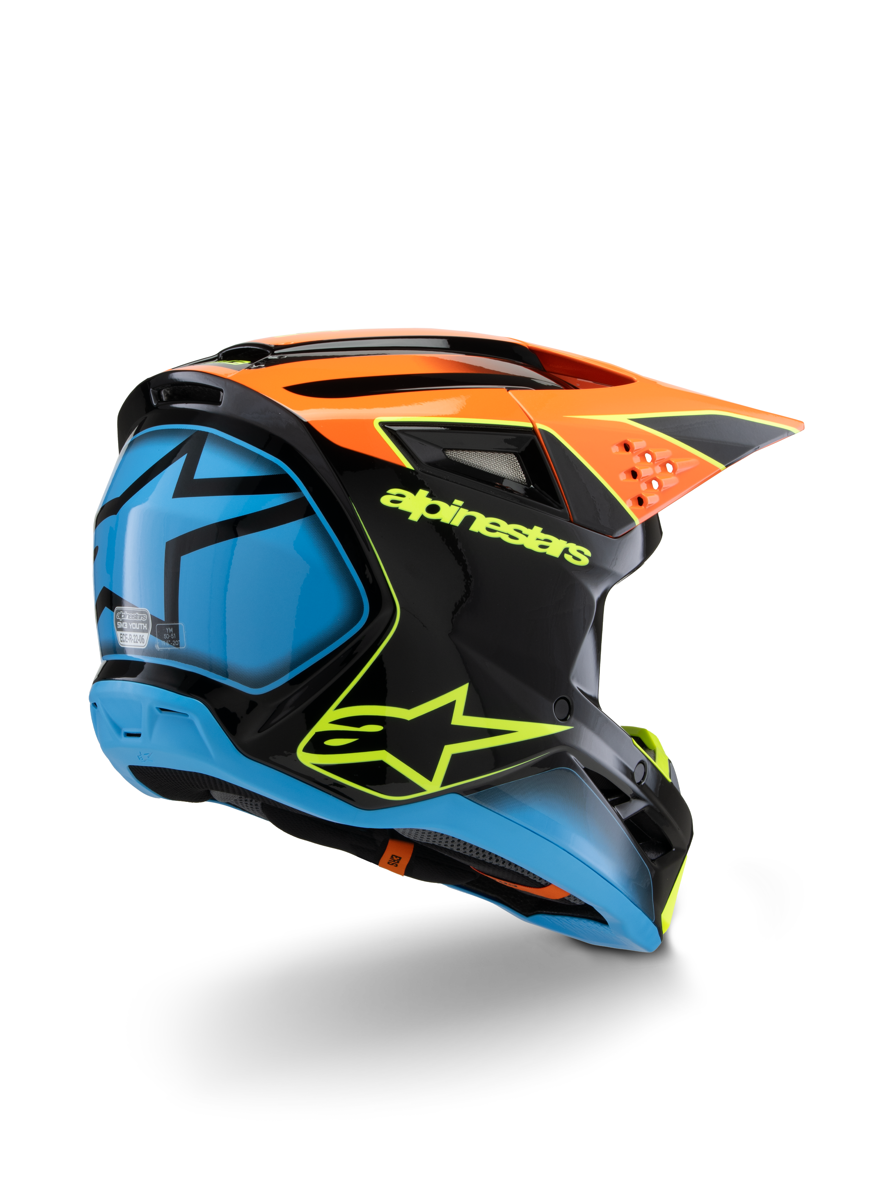 Casco Alpinestars S-M3 Youth Fray, casco da motocross, nero, arancione e blu con dettagli giallo neon, vista posteriore di tre quarti che mostra il marchio Alpinestars e il logo a stella, design aerodinamico per competizioni off-road per ragazzi