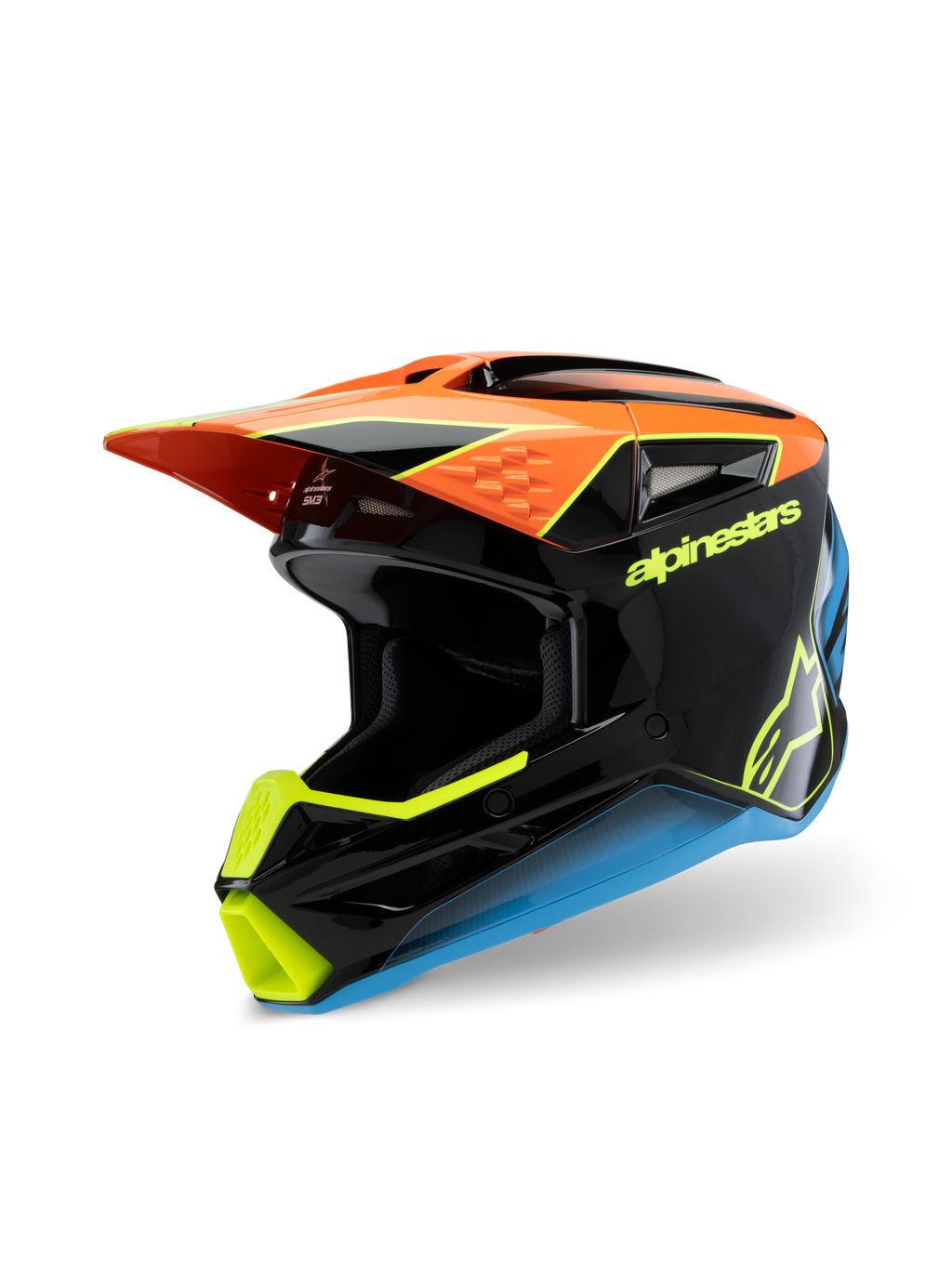 Alpinestars S-M3 Youth Fray Helmet, casco da motocross, nero, arancione, giallo e blu, con finitura lucida, visiera aerodinamica e loghi evidenti per corse fuoristrada per ragazzi