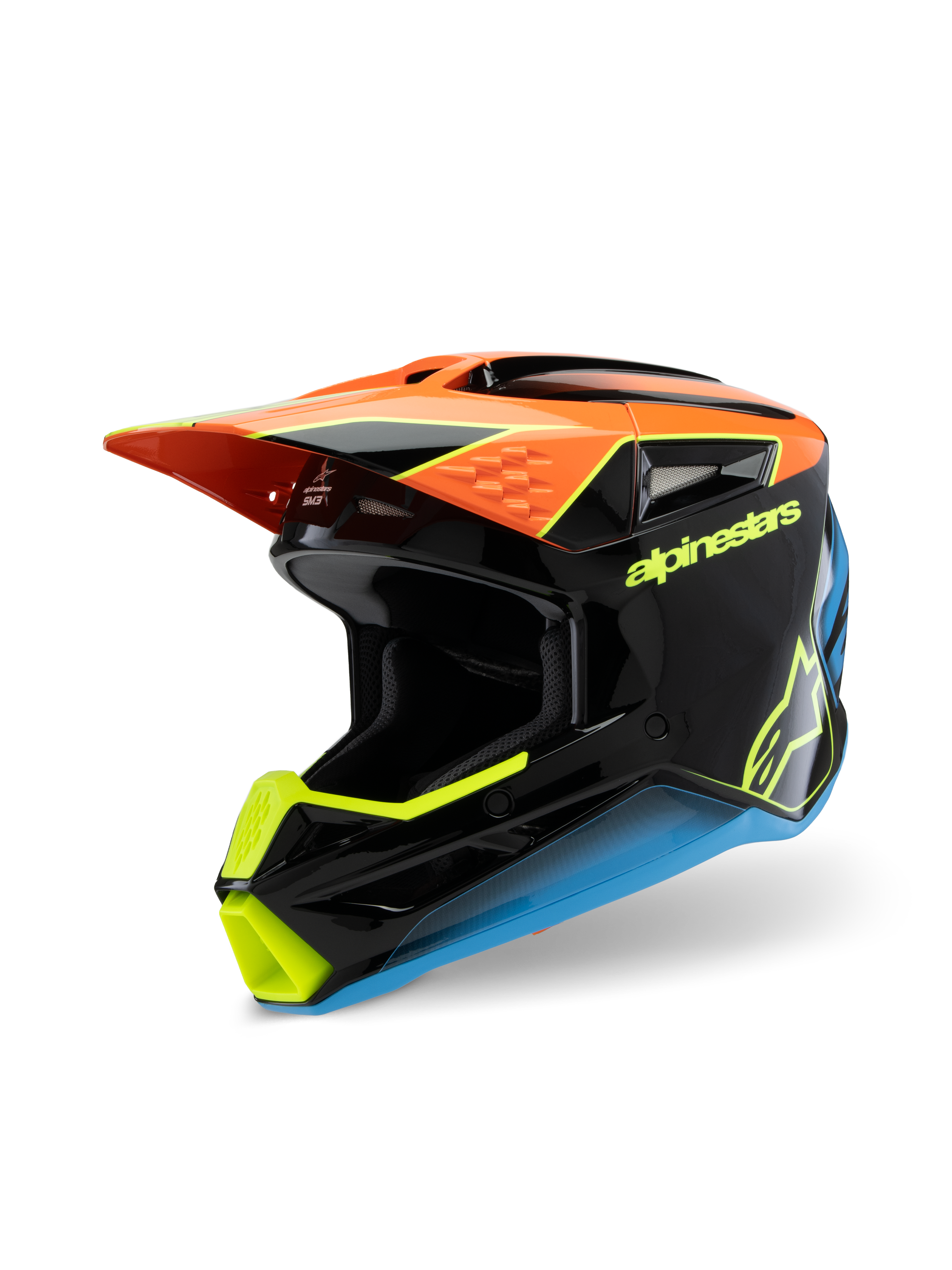 Alpinestars S-M3 Youth Fray Helmet, casco da motocross, nero, arancione, giallo e blu, con finitura lucida, visiera aerodinamica e loghi evidenti per corse fuoristrada per ragazzi