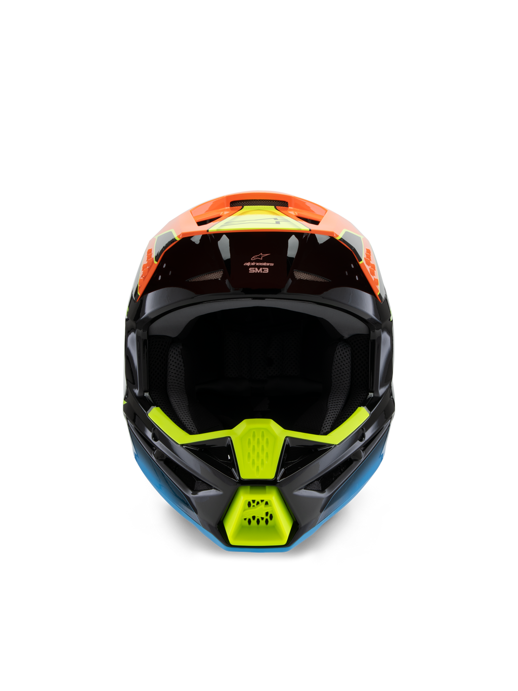 Alpinestars S-M3 Youth Fray Helmet, vista frontale di un casco da motocross nero con vivaci grafiche arancioni, giallo fluo e blu, progettato per il fuoristrada dei ragazzi