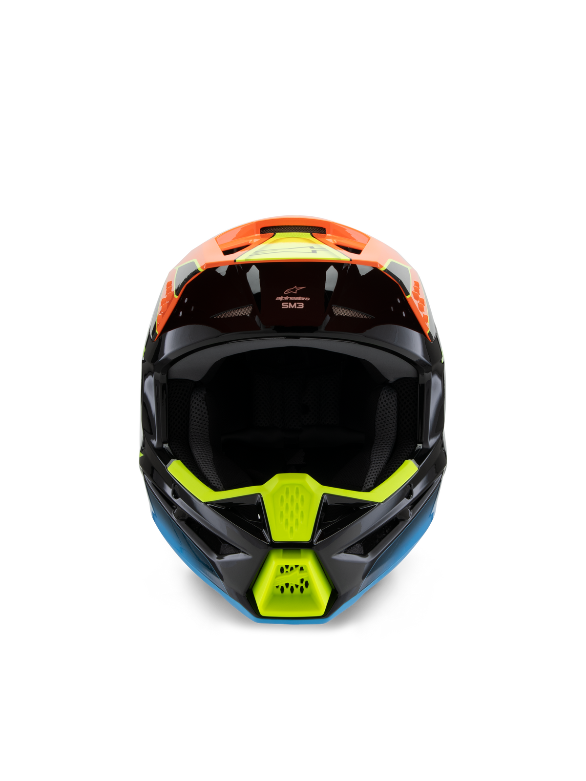 Alpinestars S-M3 Youth Fray Helmet, vista frontale di un casco da motocross nero con vivaci grafiche arancioni, giallo fluo e blu, progettato per il fuoristrada dei ragazzi