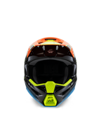 Alpinestars S-M3 Youth Fray Helmet, vista frontale di un casco da motocross nero con vivaci grafiche arancioni, giallo fluo e blu, progettato per il fuoristrada dei ragazzi
