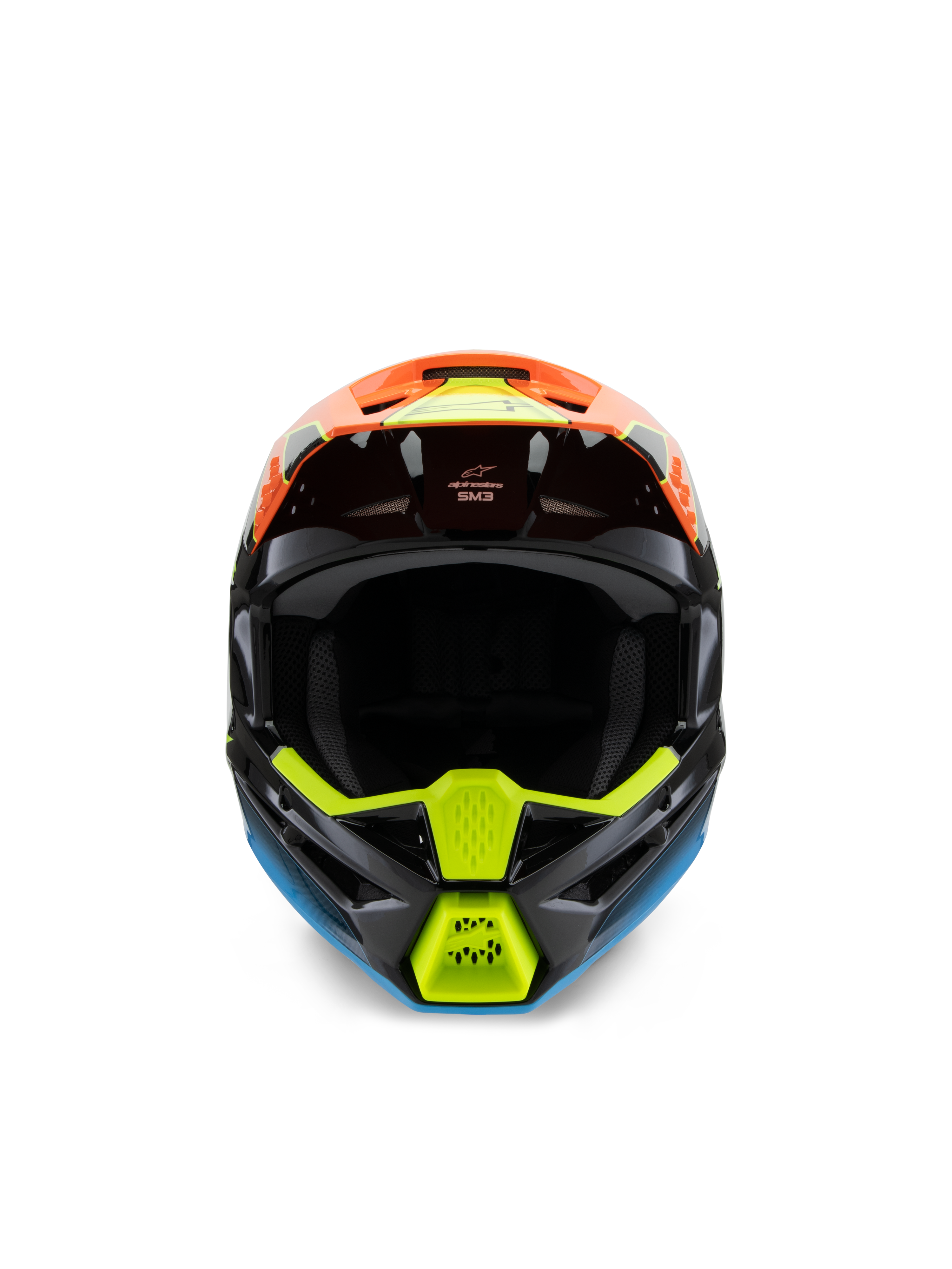 Alpinestars S-M3 Youth Fray Helmet, vista frontale di un casco da motocross nero con vivaci grafiche arancioni, giallo fluo e blu, progettato per il fuoristrada dei ragazzi