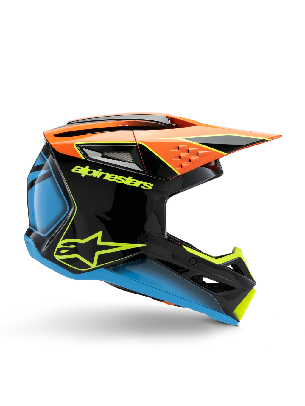 Alpinestars S-M3 Youth Fray Helmet, casco da motocross, nero con accenti arancioni, blu e giallo fluorescente, vista laterale del profilo che mostra il design aerodinamico, le prese d'aria e la visiera affilata, finitura lucida con logo giallo evidente.