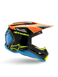 Alpinestars S-M3 Youth Fray Helmet, casco da motocross, nero con accenti arancioni, blu e giallo fluorescente, vista laterale del profilo che mostra il design aerodinamico, le prese d'aria e la visiera affilata, finitura lucida con logo giallo evidente.