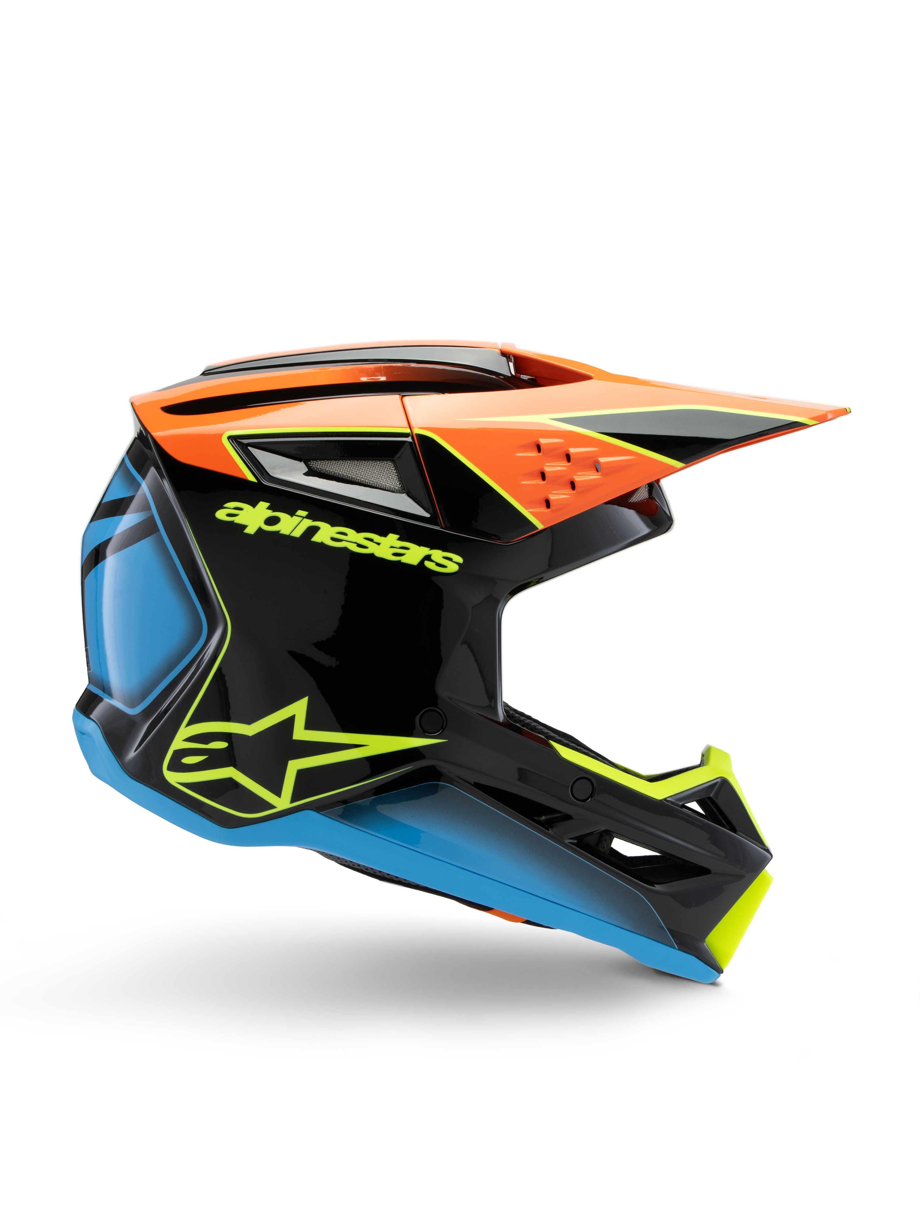 Alpinestars S-M3 Youth Fray Helmet, casco da motocross, nero con accenti arancioni, blu e giallo fluorescente, vista laterale del profilo che mostra il design aerodinamico, le prese d'aria e la visiera affilata, finitura lucida con logo giallo evidente.