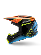 Casco Alpinestars S-M3 Youth Fray, casco da motocross, nero con accenti arancione, giallo e blu, vista laterale di profilo, con logo Alpinestars in evidenza, design aggressivo con visiera ampia e prese d'aria, equipaggiamento protettivo lucido per giovani piloti off-road