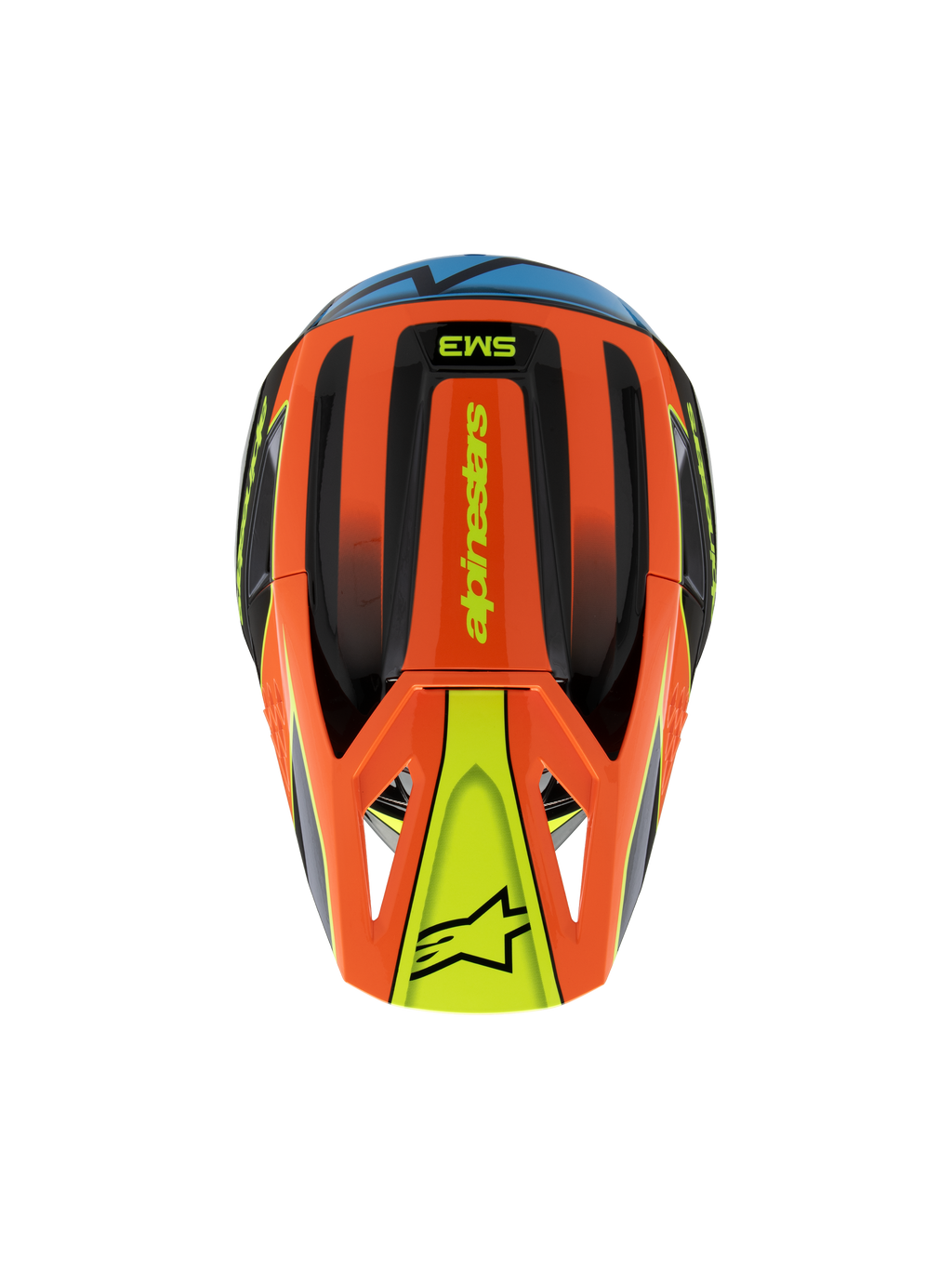 Casco Alpinestars S-M3 Youth Fray, vista dall'alto, arancione, nero e giallo con accenti blu, con marchio 'alpinestars' e logo a stella sulla visiera, design aerodinamico per motocross e guida off-road per ragazzi