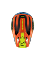 Casco Alpinestars S-M3 Youth Fray, vista dall'alto, arancione, nero e giallo con accenti blu, con marchio 'alpinestars' e logo a stella sulla visiera, design aerodinamico per motocross e guida off-road per ragazzi