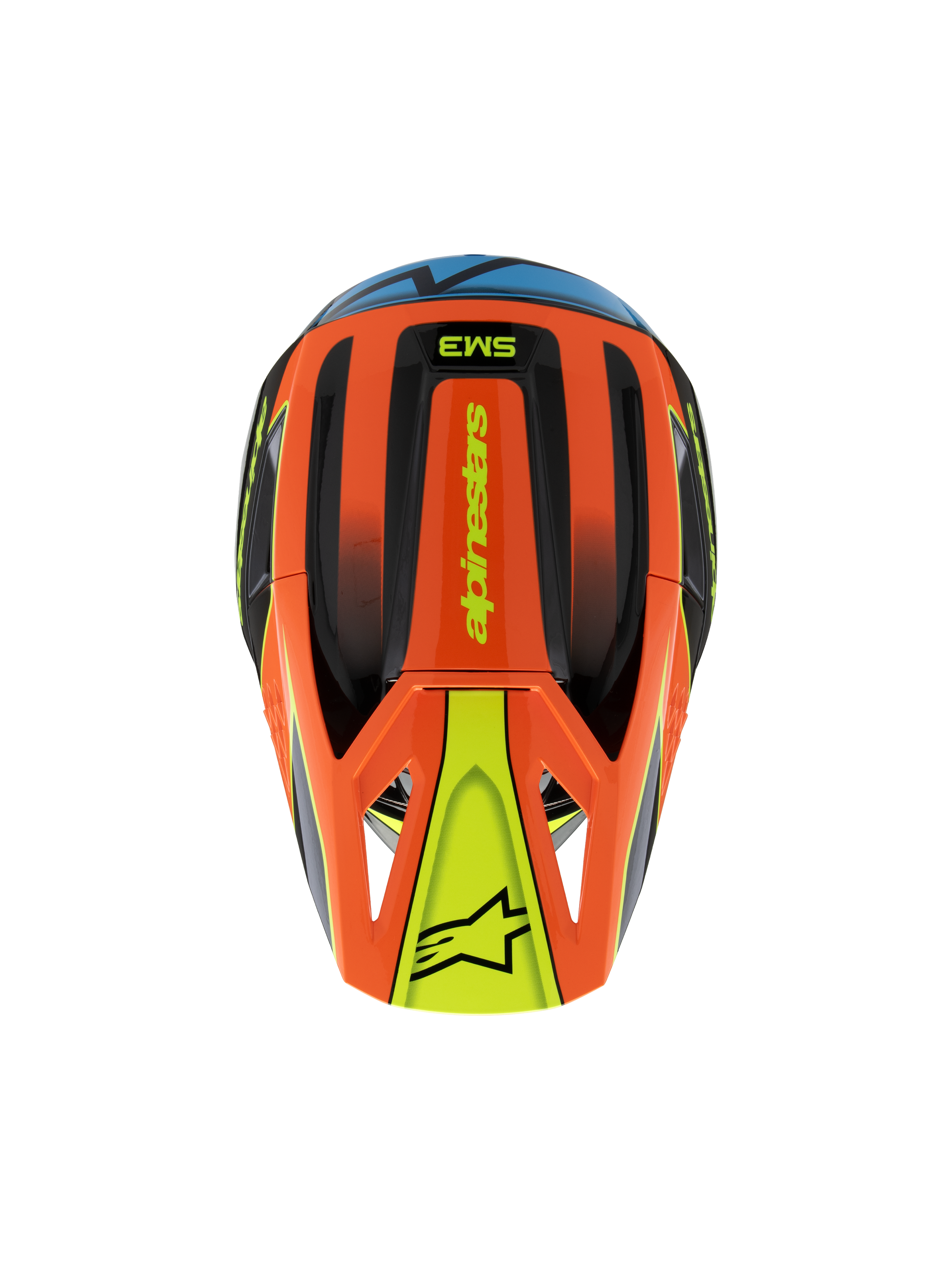 Casco Alpinestars S-M3 Youth Fray, vista dall'alto, arancione, nero e giallo con accenti blu, con marchio 'alpinestars' e logo a stella sulla visiera, design aerodinamico per motocross e guida off-road per ragazzi