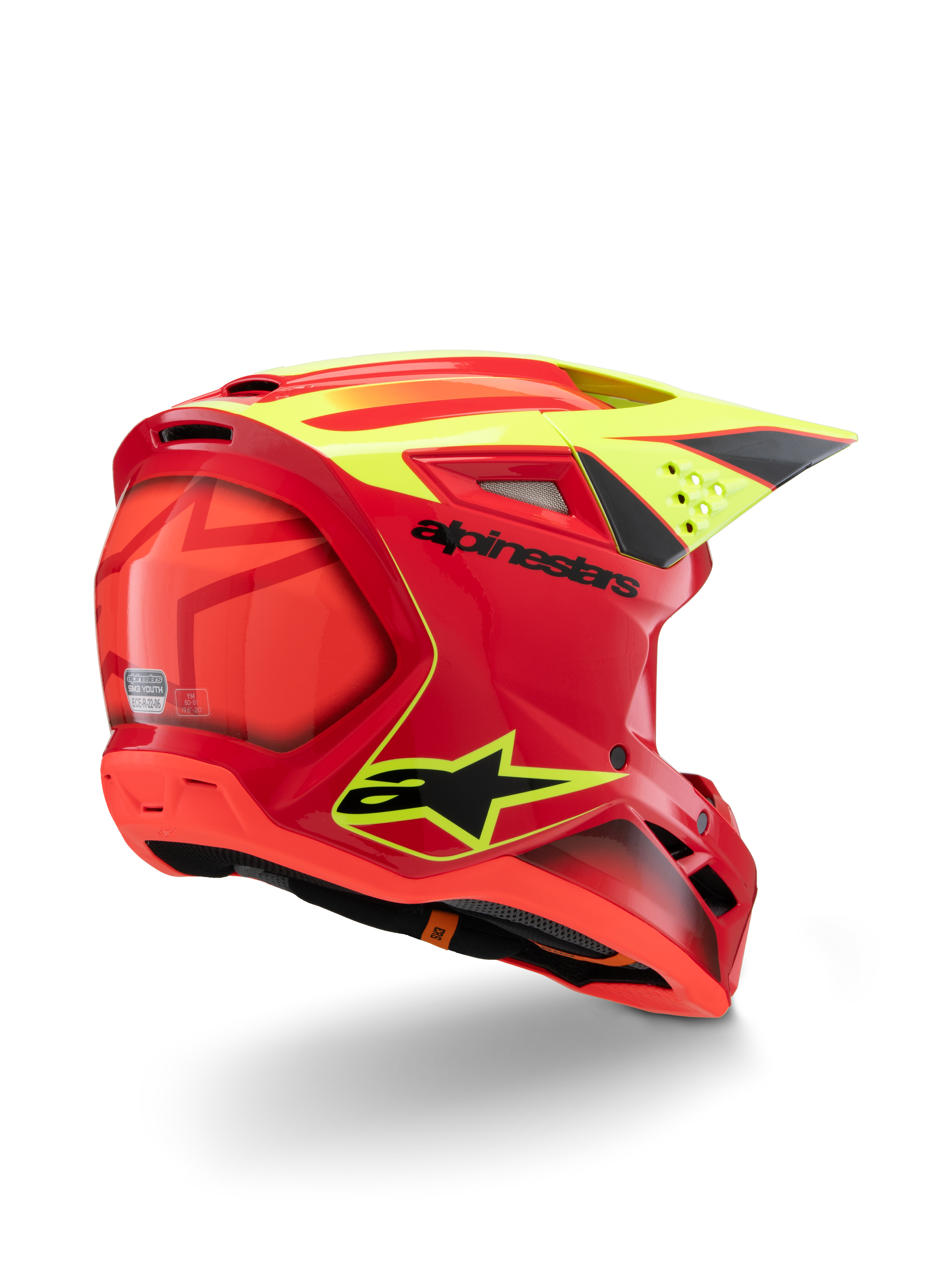 Casco Alpinestars S-M3 Youth Fray, rosso e giallo fluo lucido, vista posteriore di tre quarti, con loghi neri e prese d'aria aerodinamiche, casco da motocross per ragazzi ad alta visibilità