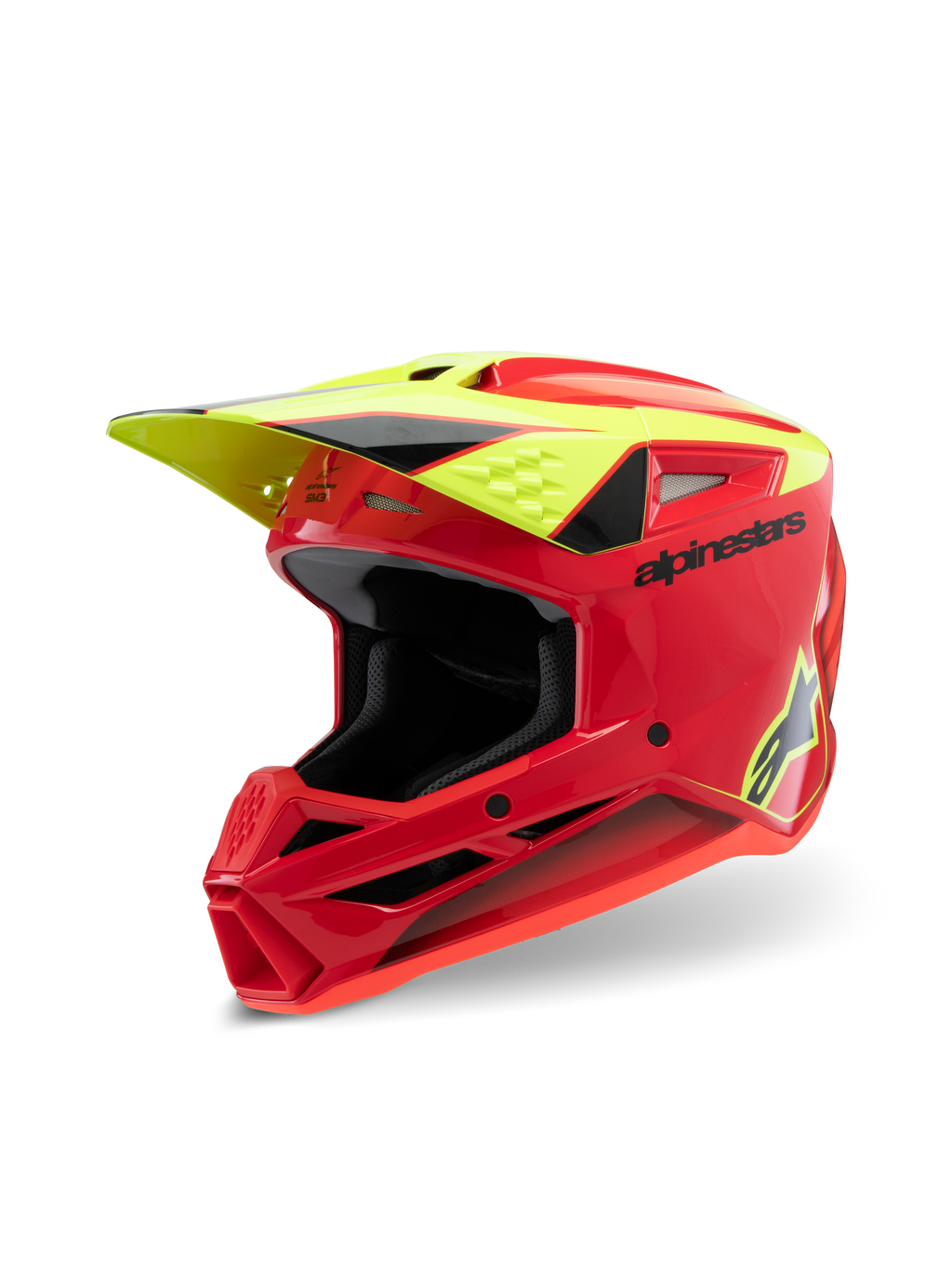 Casco Alpinestars S-M3 Youth Fray, casco da motocross, rosso, giallo fluo e nero lucido, caratterizzato da un design aerodinamico aggressivo, visiera protettiva e diverse prese d'aria per prestazioni fuoristrada