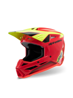 Casco Alpinestars S-M3 Youth Fray, casco da motocross, rosso, giallo fluo e nero lucido, caratterizzato da un design aerodinamico aggressivo, visiera protettiva e diverse prese d'aria per prestazioni fuoristrada
