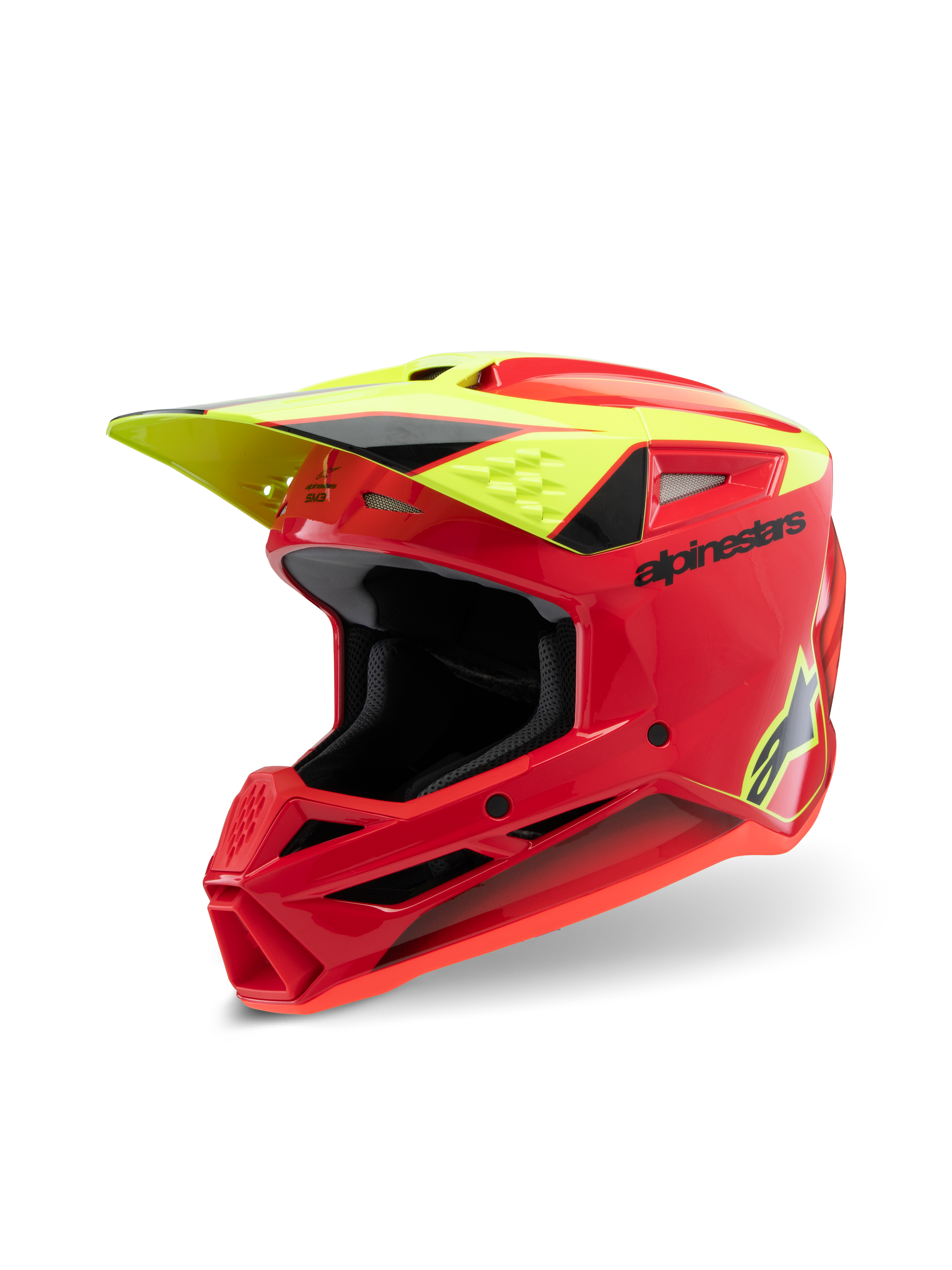Casco Alpinestars S-M3 Youth Fray, casco da motocross, rosso, giallo fluo e nero lucido, caratterizzato da un design aerodinamico aggressivo, visiera protettiva e diverse prese d'aria per prestazioni fuoristrada