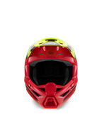 Alpinestars S-M3 Youth Fray Helmet, casco da motocross, rosso e giallo fluo lucido, vista frontale che evidenzia le prese d'aria e la mentoniera aggressiva, protezione specializzata per la testa per giovani piloti off-road