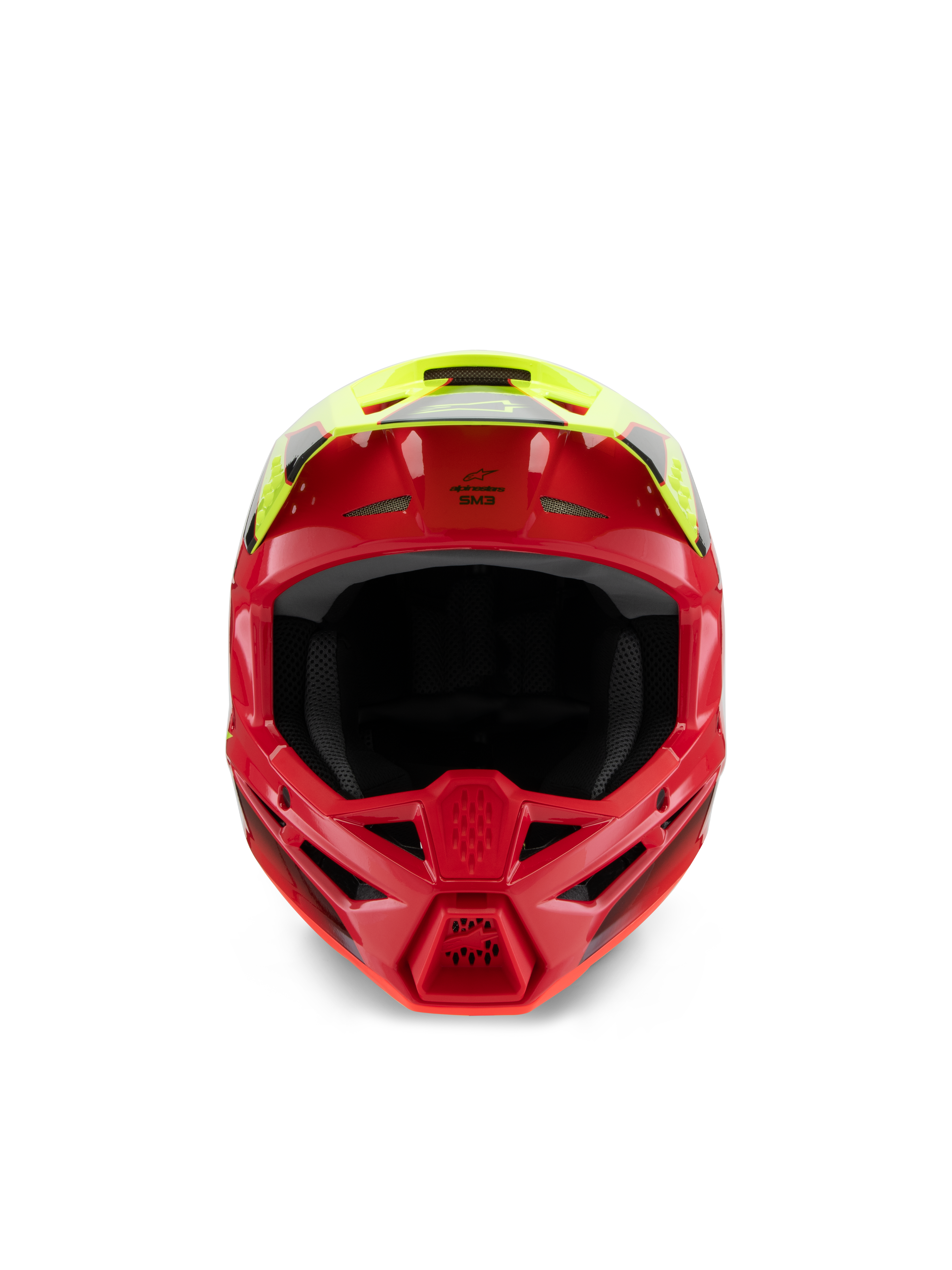Alpinestars S-M3 Youth Fray Helmet, casco da motocross, rosso e giallo fluo lucido, vista frontale che evidenzia le prese d'aria e la mentoniera aggressiva, protezione specializzata per la testa per giovani piloti off-road