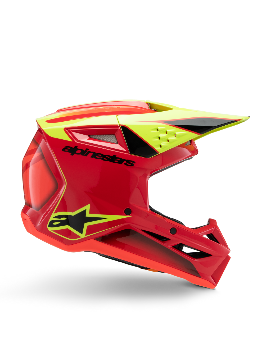 Alpinestars S-M3 Youth Fray Helmet, casco da motocross, rosso, giallo fluo e nero lucido, vista di profilo che mostra un design aerodinamico con visiera integrata e prese d'aria, branding nero su calotta rossa, ottimizzato per prestazioni off-road per ragazzi