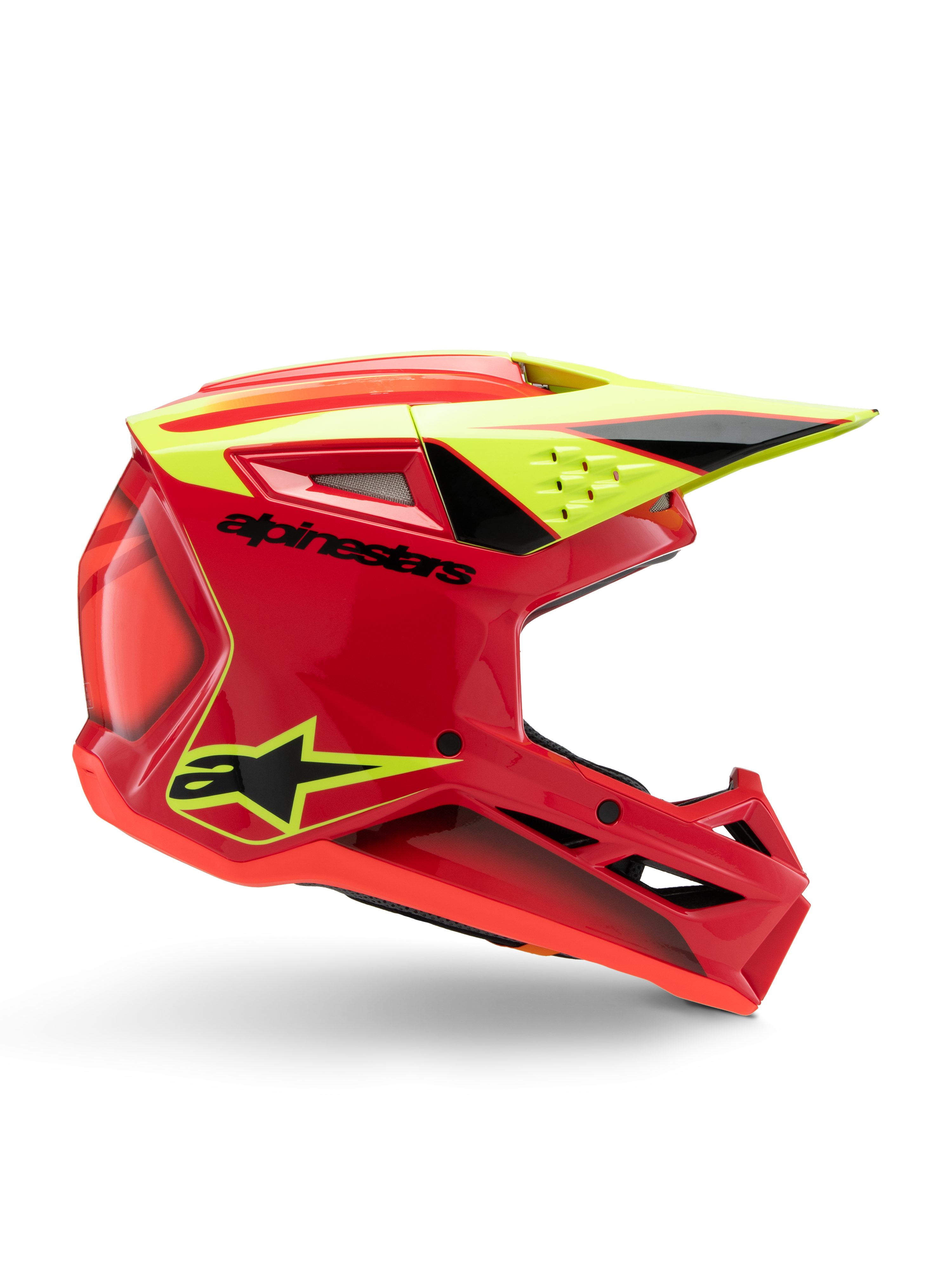 Alpinestars S-M3 Youth Fray Helmet, casco da motocross, rosso, giallo fluo e nero lucido, vista di profilo che mostra un design aerodinamico con visiera integrata e prese d'aria, branding nero su calotta rossa, ottimizzato per prestazioni off-road per ragazzi
