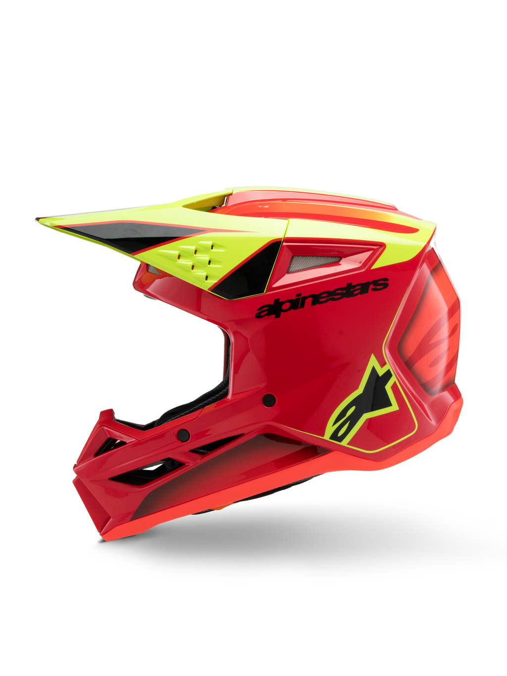 Casco Alpinestars S-M3 Youth Fray, casco da motocross, rosso, giallo fluo e nero lucido, vista di profilo che mostra la visiera aerodinamica, le prese di ventilazione e il logo evidente, attrezzatura protettiva da fuoristrada per ragazzi