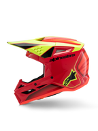 Casco Alpinestars S-M3 Youth Fray, casco da motocross, rosso, giallo fluo e nero lucido, vista di profilo che mostra la visiera aerodinamica, le prese di ventilazione e il logo evidente, attrezzatura protettiva da fuoristrada per ragazzi