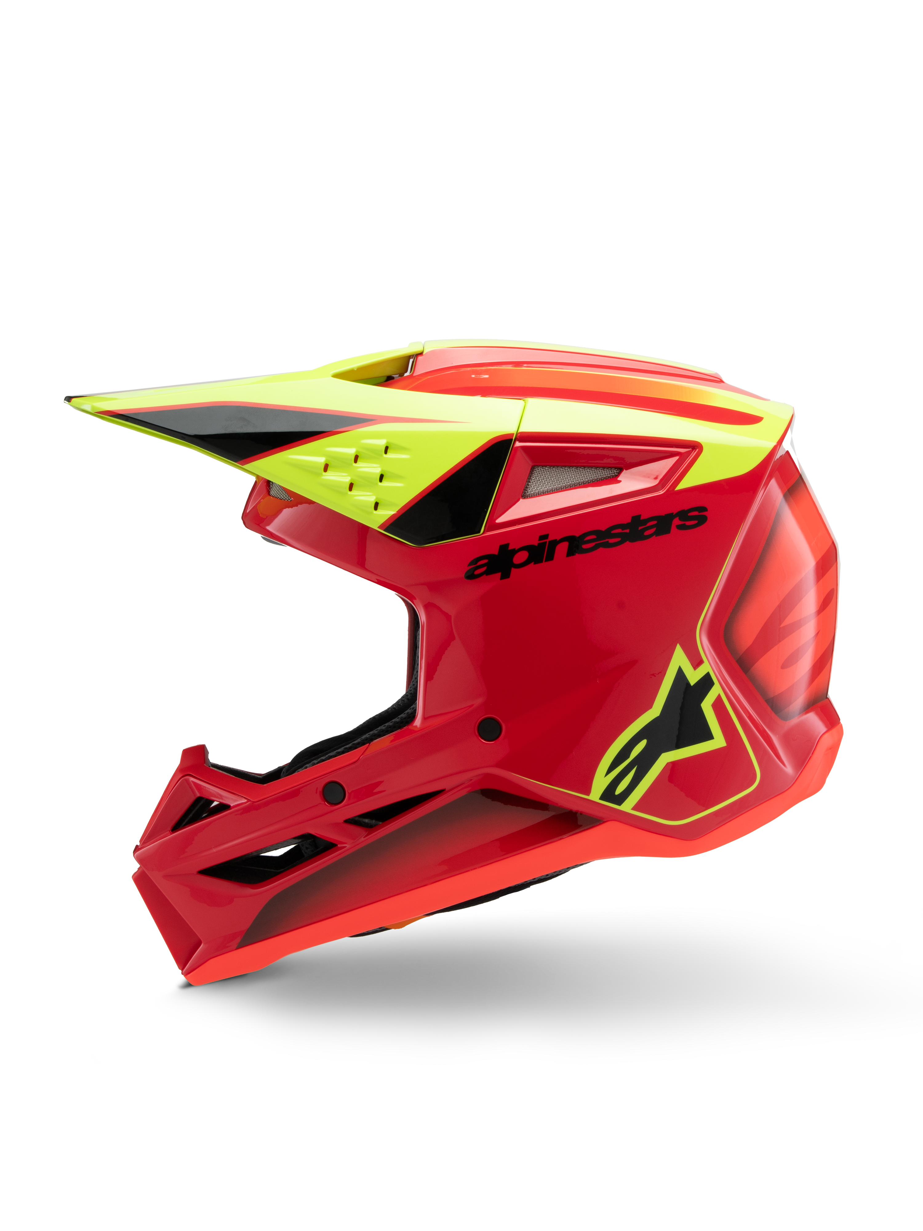 Casco Alpinestars S-M3 Youth Fray, casco da motocross, rosso, giallo fluo e nero lucido, vista di profilo che mostra la visiera aerodinamica, le prese di ventilazione e il logo evidente, attrezzatura protettiva da fuoristrada per ragazzi
