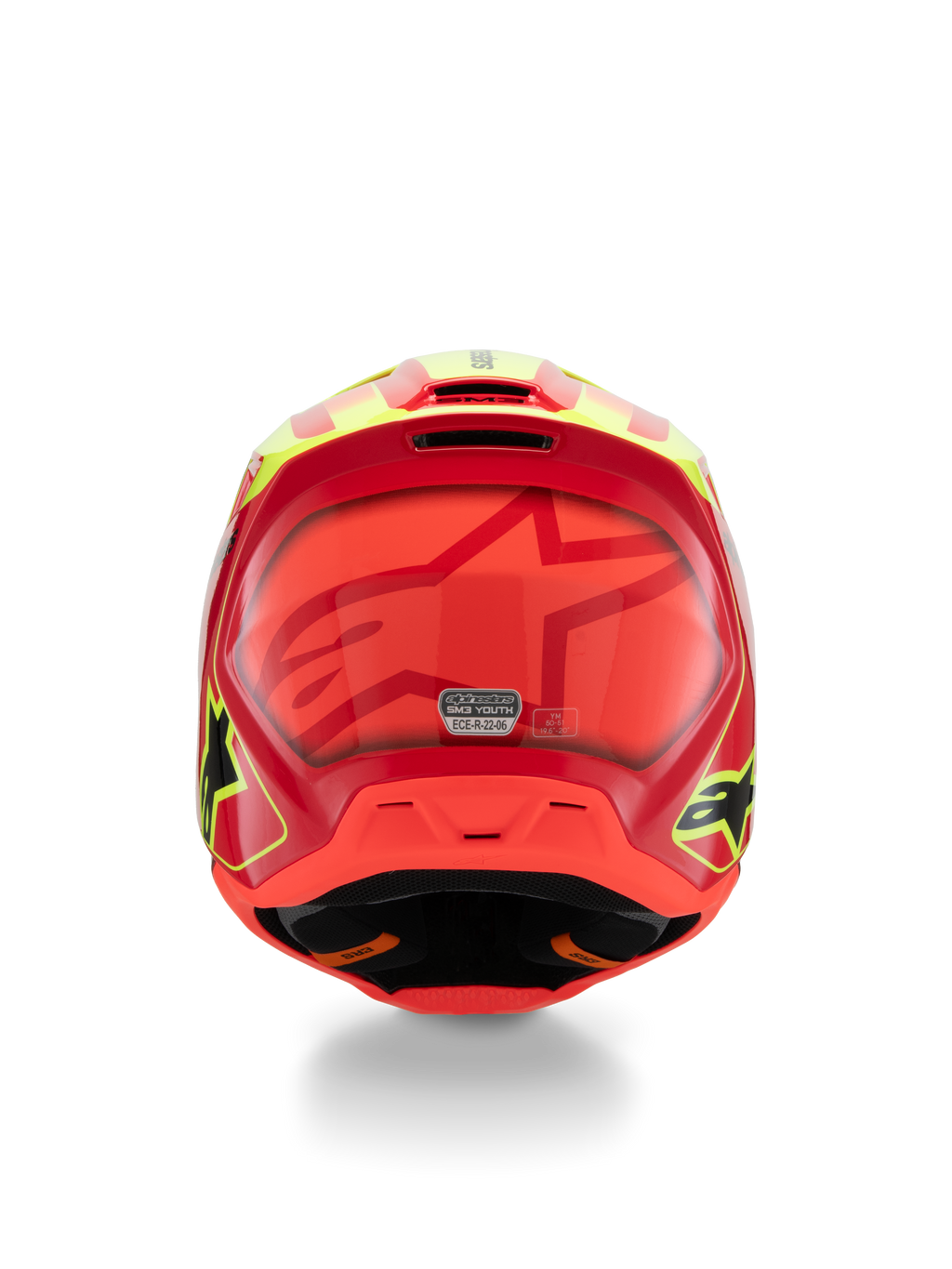 Alpinestars Casco S-M3 Youth Fray, casco da motocross, rosso, giallo fluo e nero lucido, vista posteriore con un grande logo a stella tonale, adesivo di certificazione ECE 22.06 e design aerodinamico della calotta con loghi laterali.