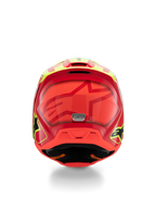 Alpinestars Casco S-M3 Youth Fray, casco da motocross, rosso, giallo fluo e nero lucido, vista posteriore con un grande logo a stella tonale, adesivo di certificazione ECE 22.06 e design aerodinamico della calotta con loghi laterali.