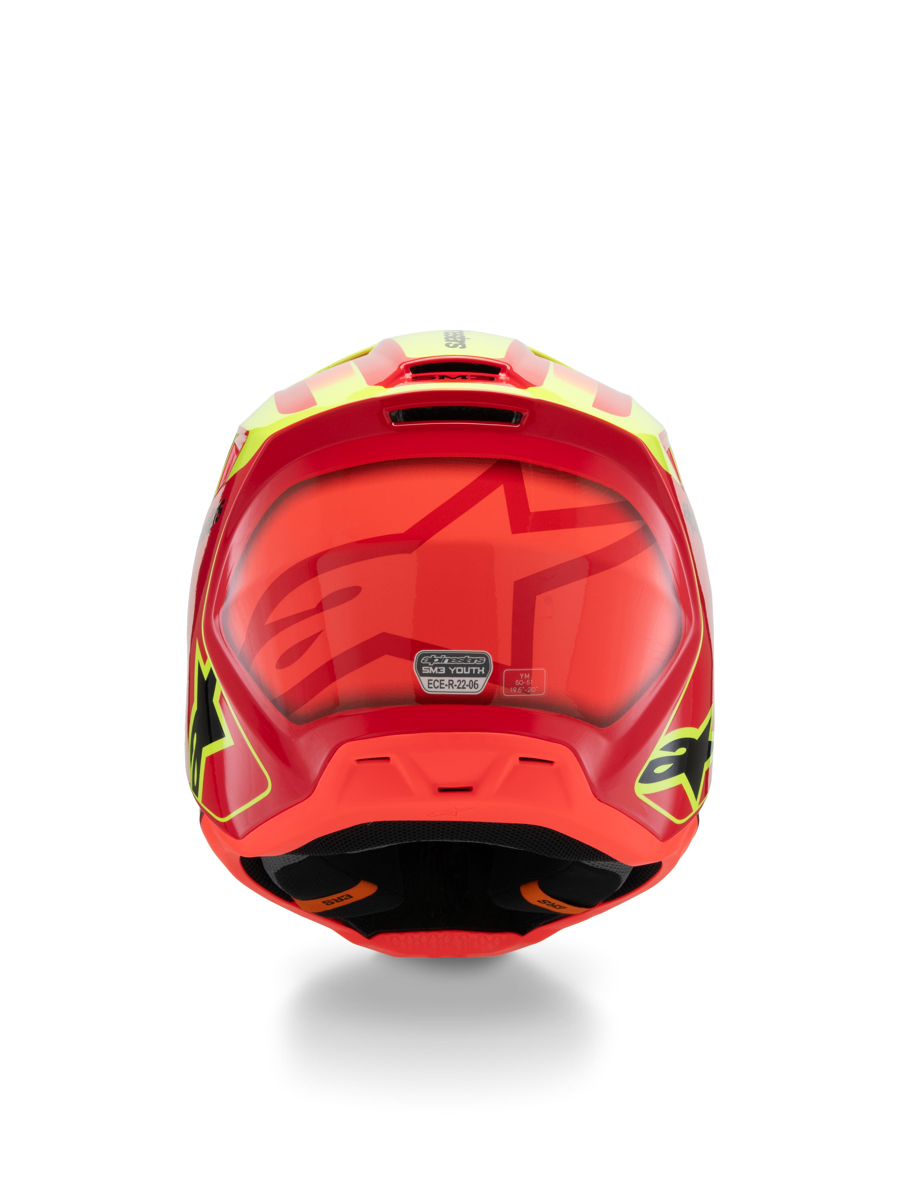 Alpinestars Casco S-M3 Youth Fray, casco da motocross, rosso, giallo fluo e nero lucido, vista posteriore con un grande logo a stella tonale, adesivo di certificazione ECE 22.06 e design aerodinamico della calotta con loghi laterali.