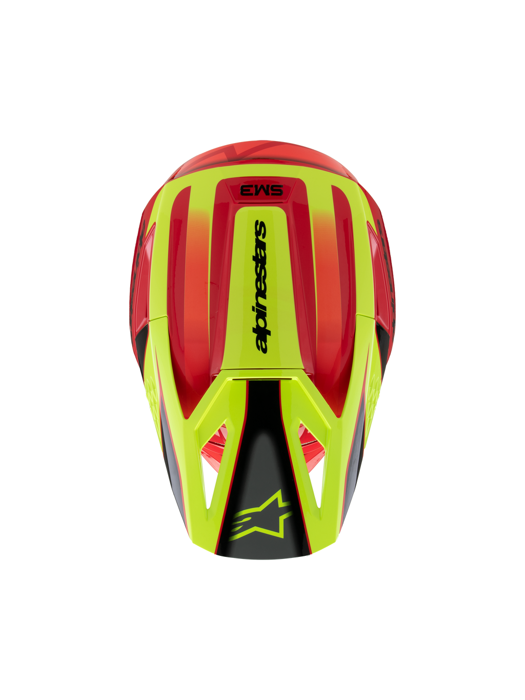 Alpinestars S-M3 Youth Fray Helmet, casco da motocross, rosso e giallo fluorescente con finitura nera lucida, vista dall'alto che mostra la calotta aerodinamica e il logo Alpinestars sulla visiera