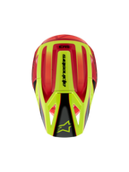 Alpinestars S-M3 Youth Fray Helmet, casco da motocross, rosso e giallo fluorescente con finitura nera lucida, vista dall'alto che mostra la calotta aerodinamica e il logo Alpinestars sulla visiera