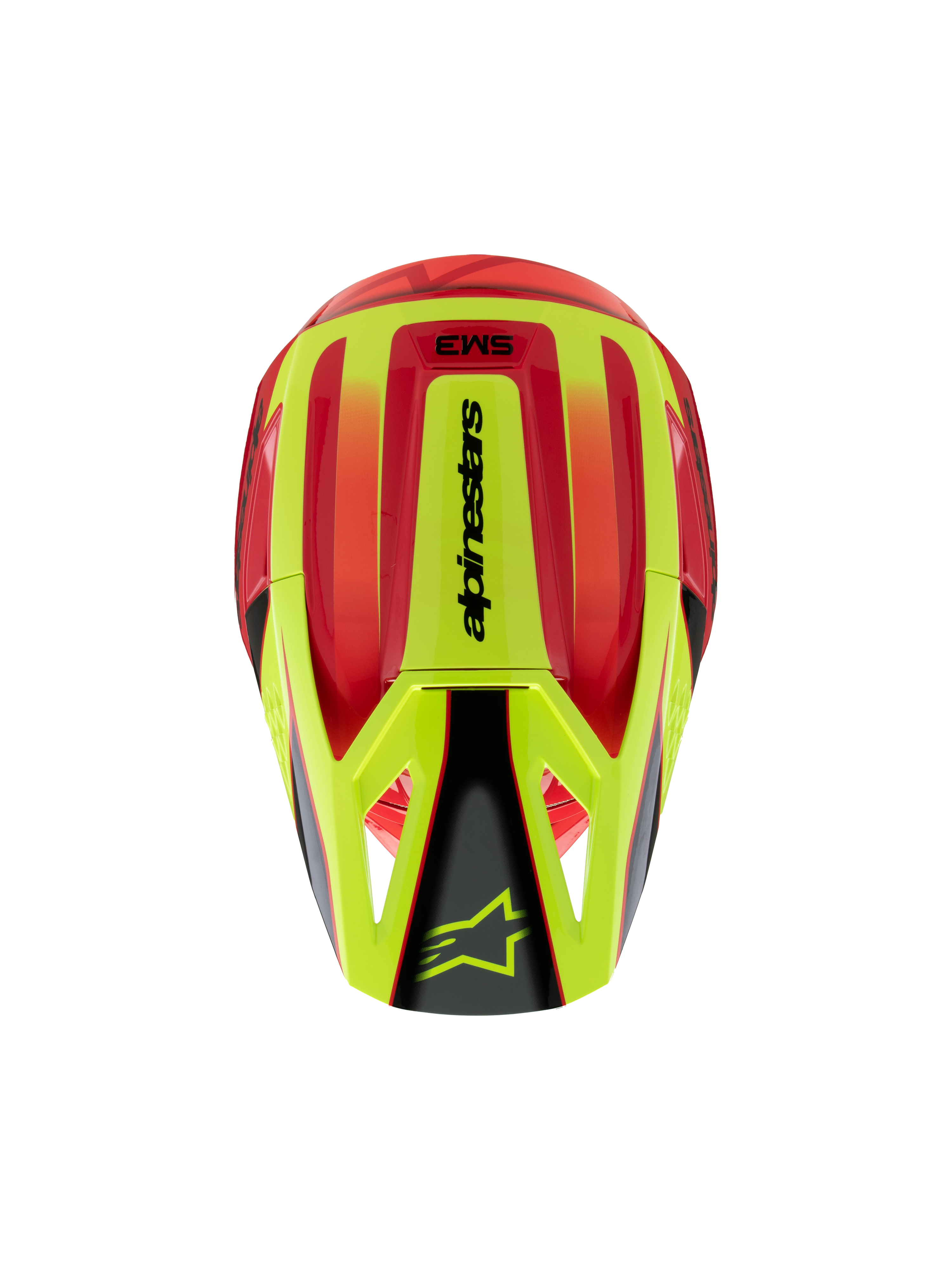 Alpinestars S-M3 Youth Fray Helmet, casco da motocross, rosso e giallo fluorescente con finitura nera lucida, vista dall'alto che mostra la calotta aerodinamica e il logo Alpinestars sulla visiera