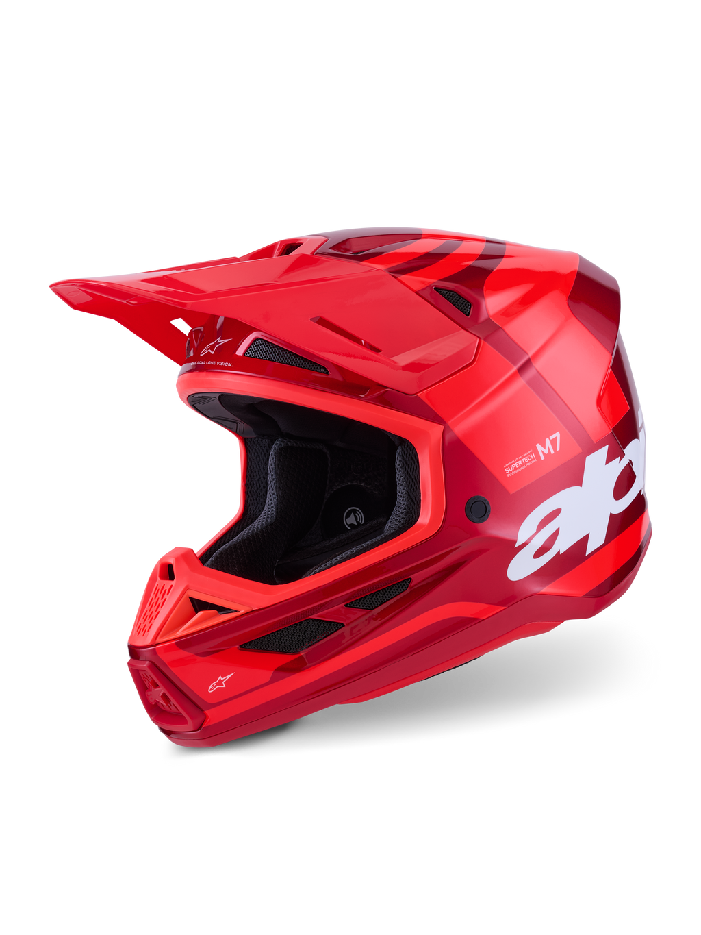 Casco Alpinestars S-M7 Core, casco da motocross, rosso lucido, grafica rossa multitono con grande logo bianco, calotta aerodinamica in composito con numerose prese d'aria e visiera regolabile, equipaggiamento professionale per gare fuoristrada