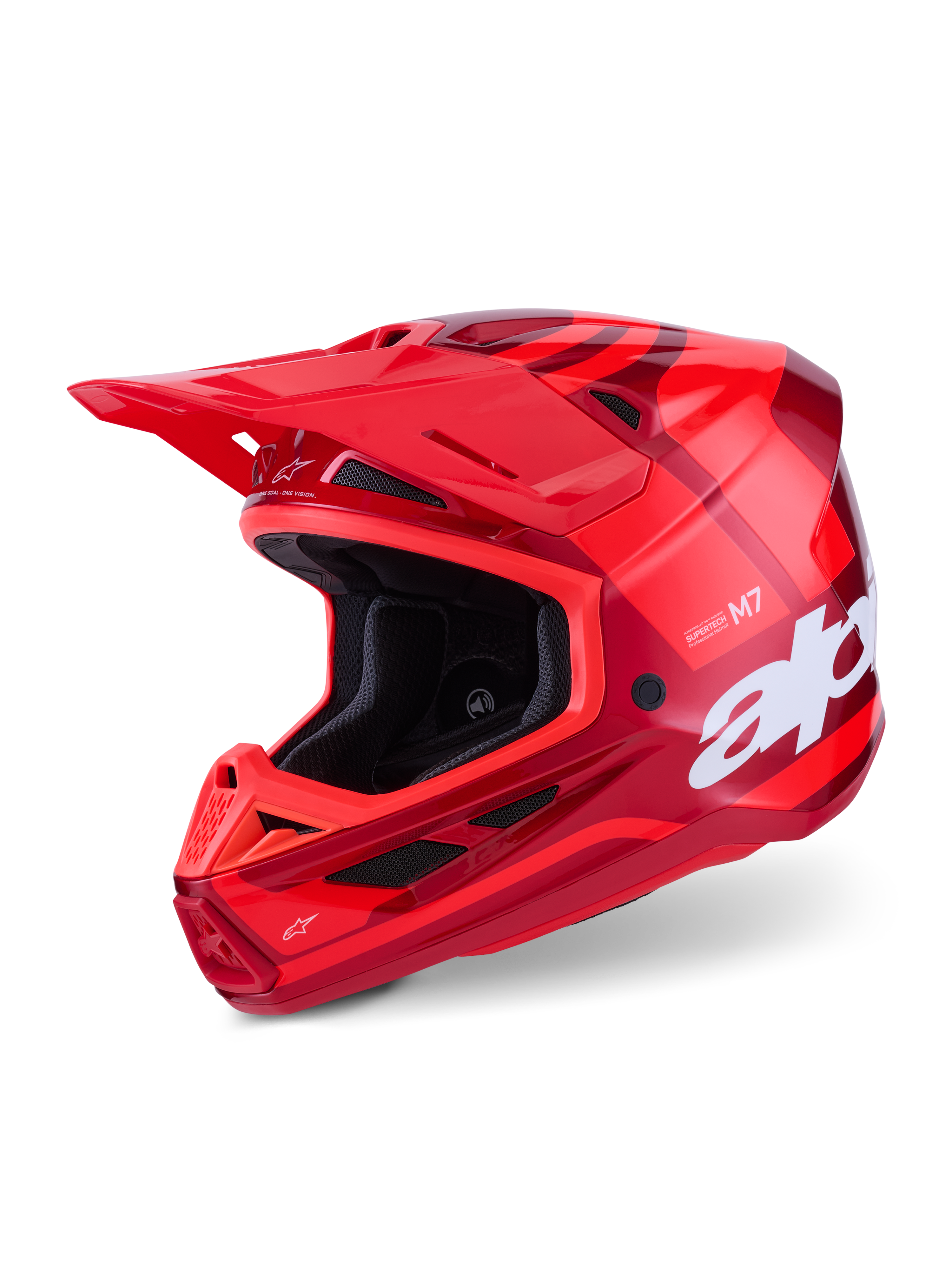 Casco Alpinestars S-M7 Core, casco da motocross, rosso lucido, grafica rossa multitono con grande logo bianco, calotta aerodinamica in composito con numerose prese d'aria e visiera regolabile, equipaggiamento professionale per gare fuoristrada
