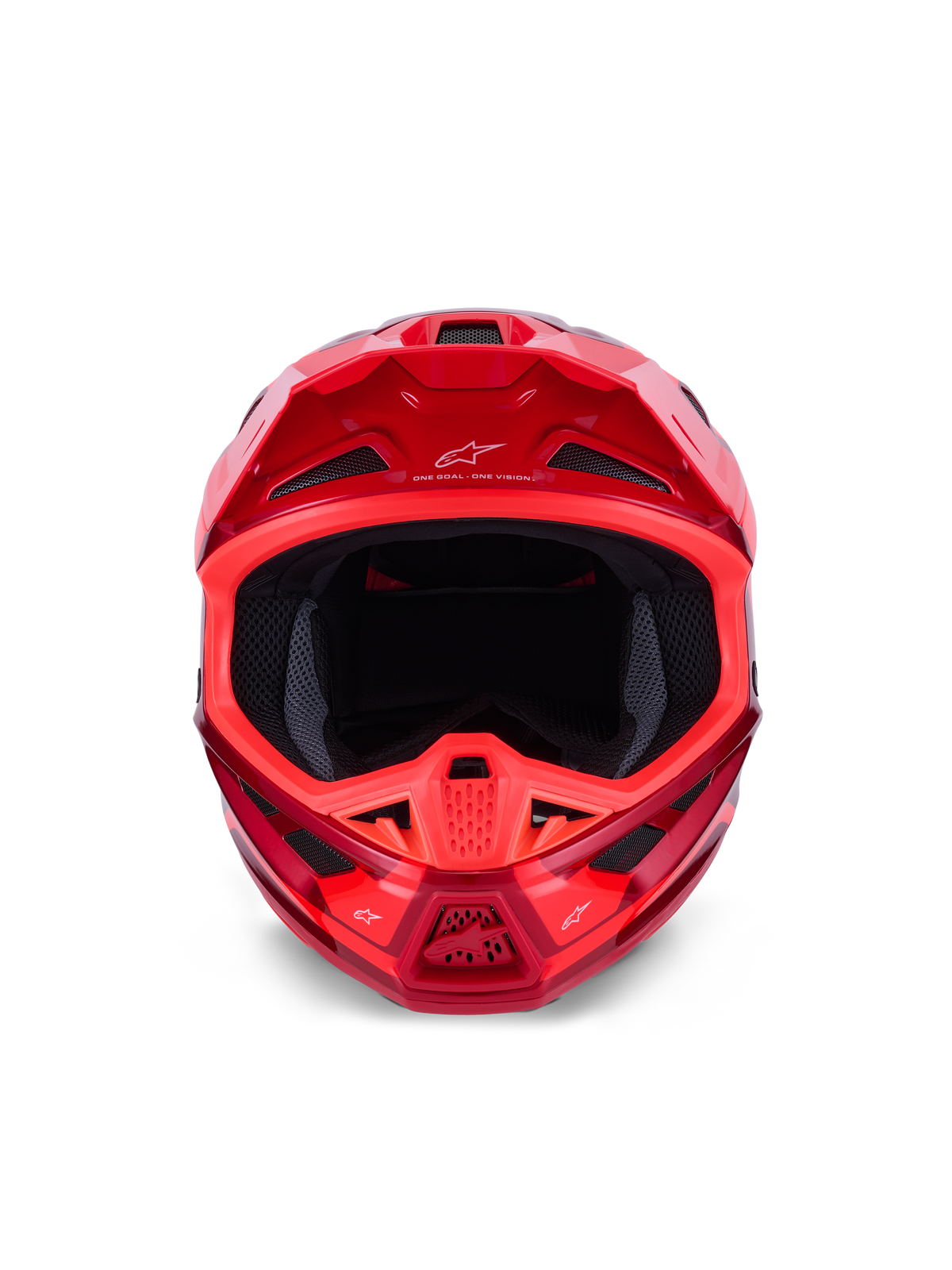 Casco Alpinestars S-M7 Core, casco da motocross, rosso lucido, vista frontale con diverse prese d'aria e design aerodinamico, marchio Astars sulla visiera e sulla mentoniera, attrezzatura professionale per gare off-road