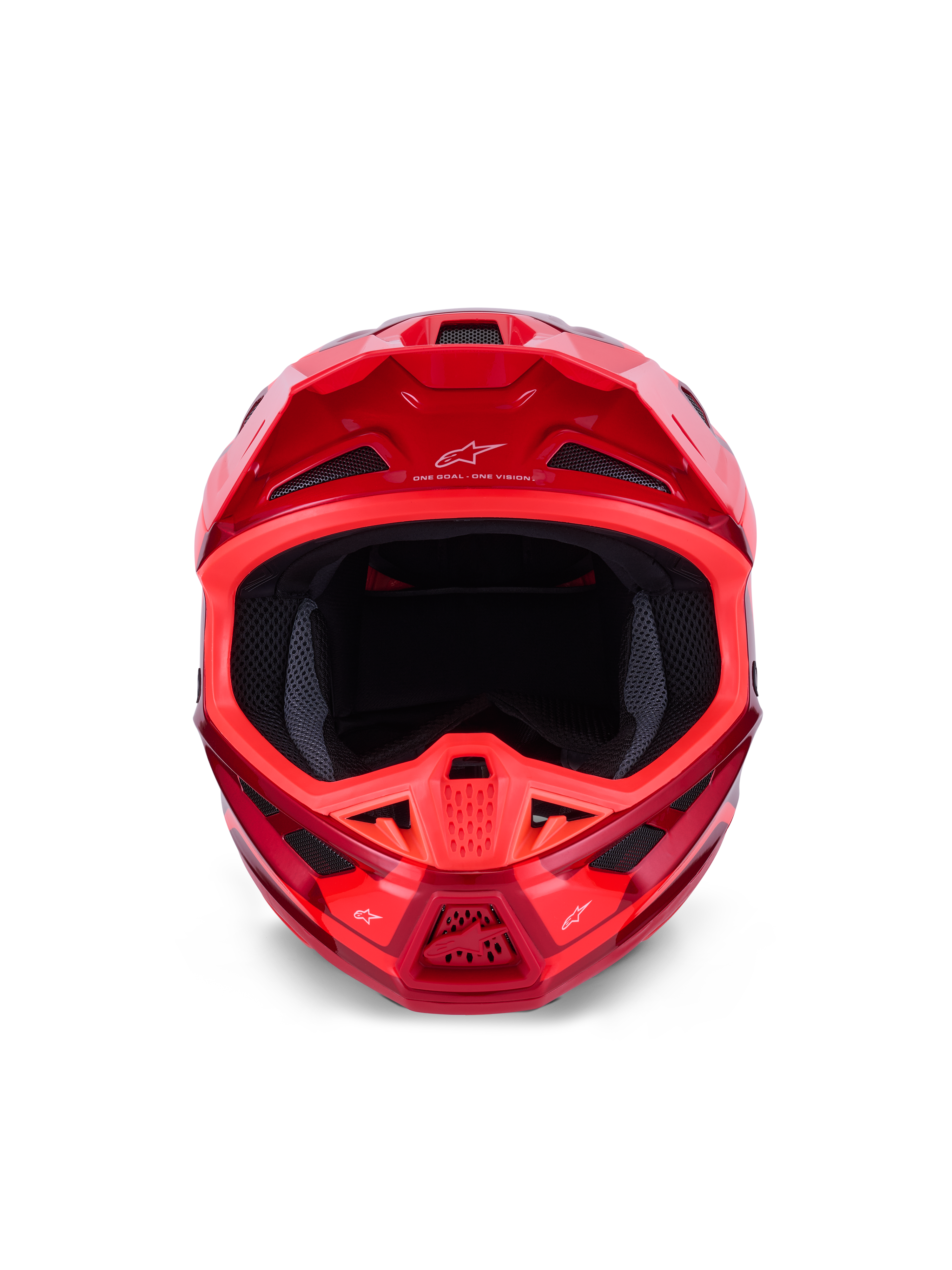 Casco Alpinestars S-M7 Core, casco da motocross, rosso lucido, vista frontale con diverse prese d'aria e design aerodinamico, marchio Astars sulla visiera e sulla mentoniera, attrezzatura professionale per gare off-road