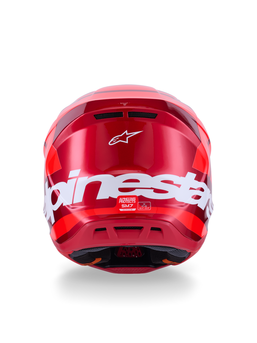 Casco Alpinestars S-M7 Core, rosso lucido, vista posteriore con grande marchio Alpinestars bianco, calotta aerodinamica con porte di ventilazione integrate, protezione professionale per la testa da motocross
