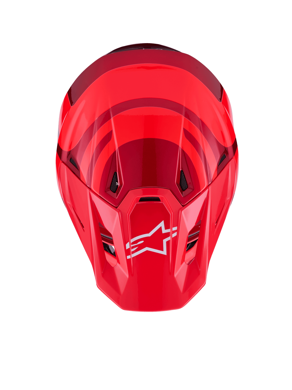 Casco Alpinestars S-M7 Core, rosso lucido, vista dall'alto con calotta aerodinamica e accenti rosso scuro, logo A-star bianco sulla visiera, porte di ventilazione integrate, equipaggiamento protettivo da motocross ad alte prestazioni